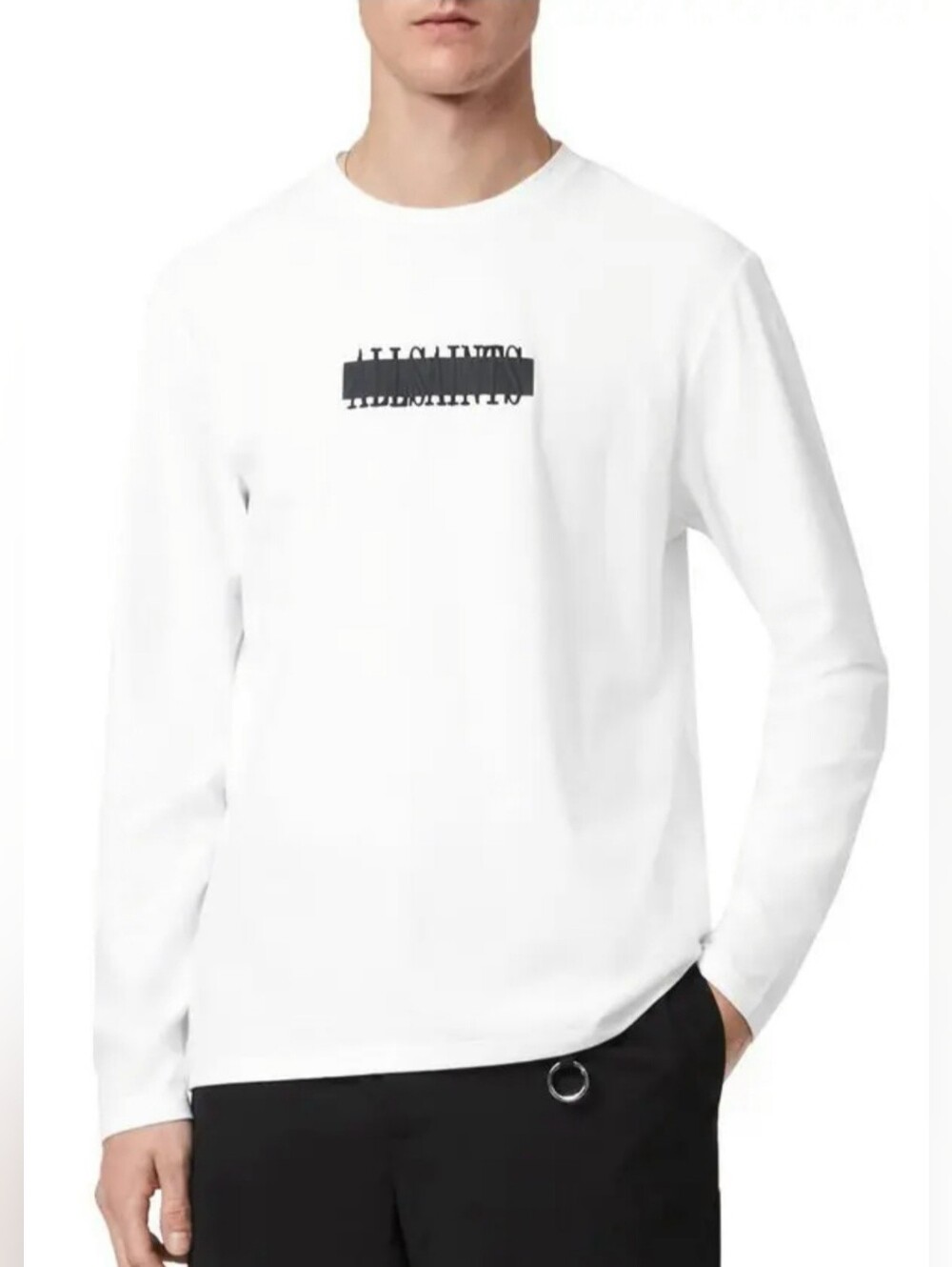 $189 AllSaints Stamp Laminate Long Sleeve Graphic Men Shirt White NWT XL